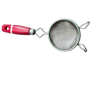Vintage 1950s Mesh Hand Strainer Red Handle Kitchen Utensil Wire Farmhouse MCM